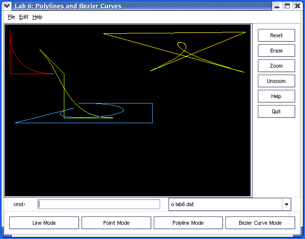 [Screen shot: Demo application showing Bezier curves and polylines having equivalent control points and different colors]